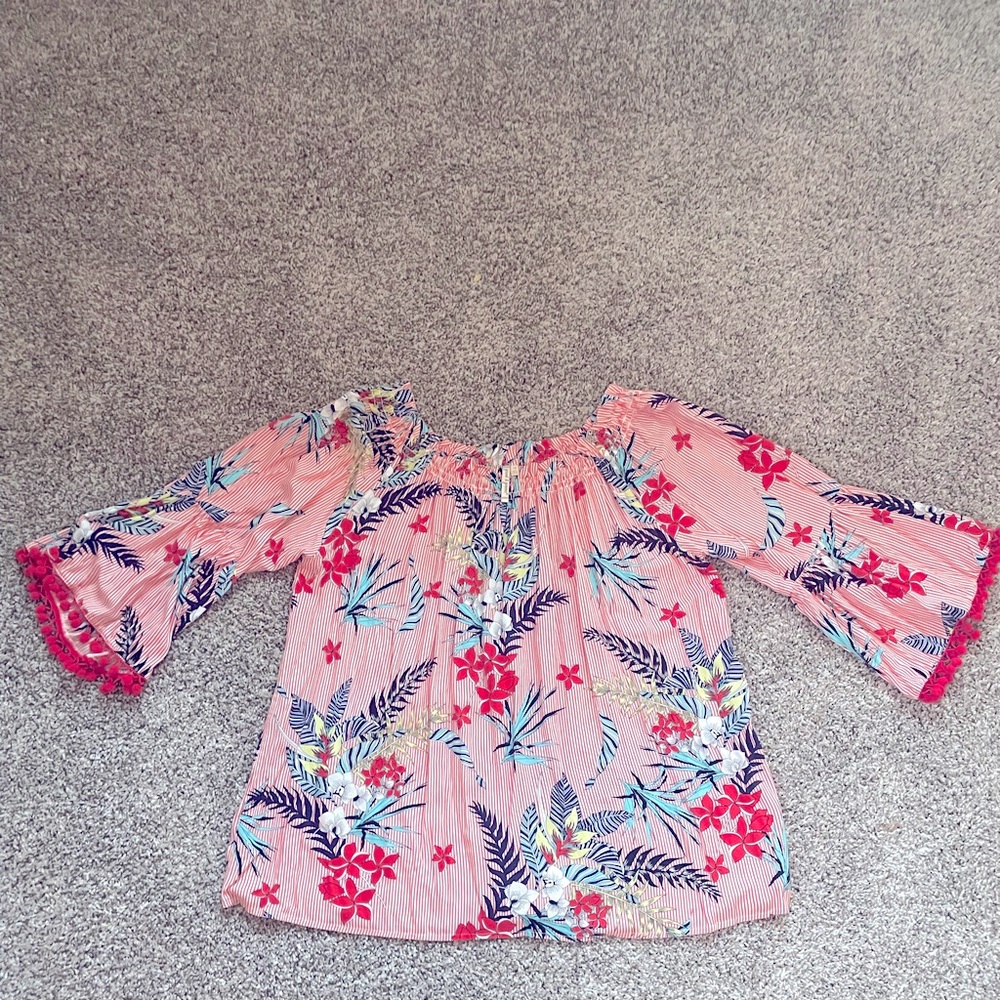 Red white striped floral off or on shoulder top